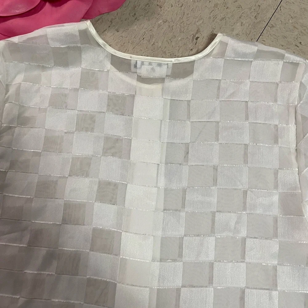 Vintage JOSIE By NATORI‎ Sz M Ivory Checkerboard Sheer Button Front Shirt Lounge